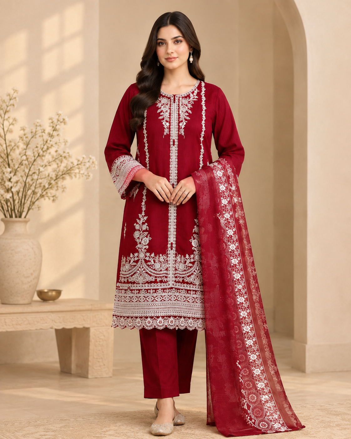 Elegant Maroon Embroidered 3-Piece Suit