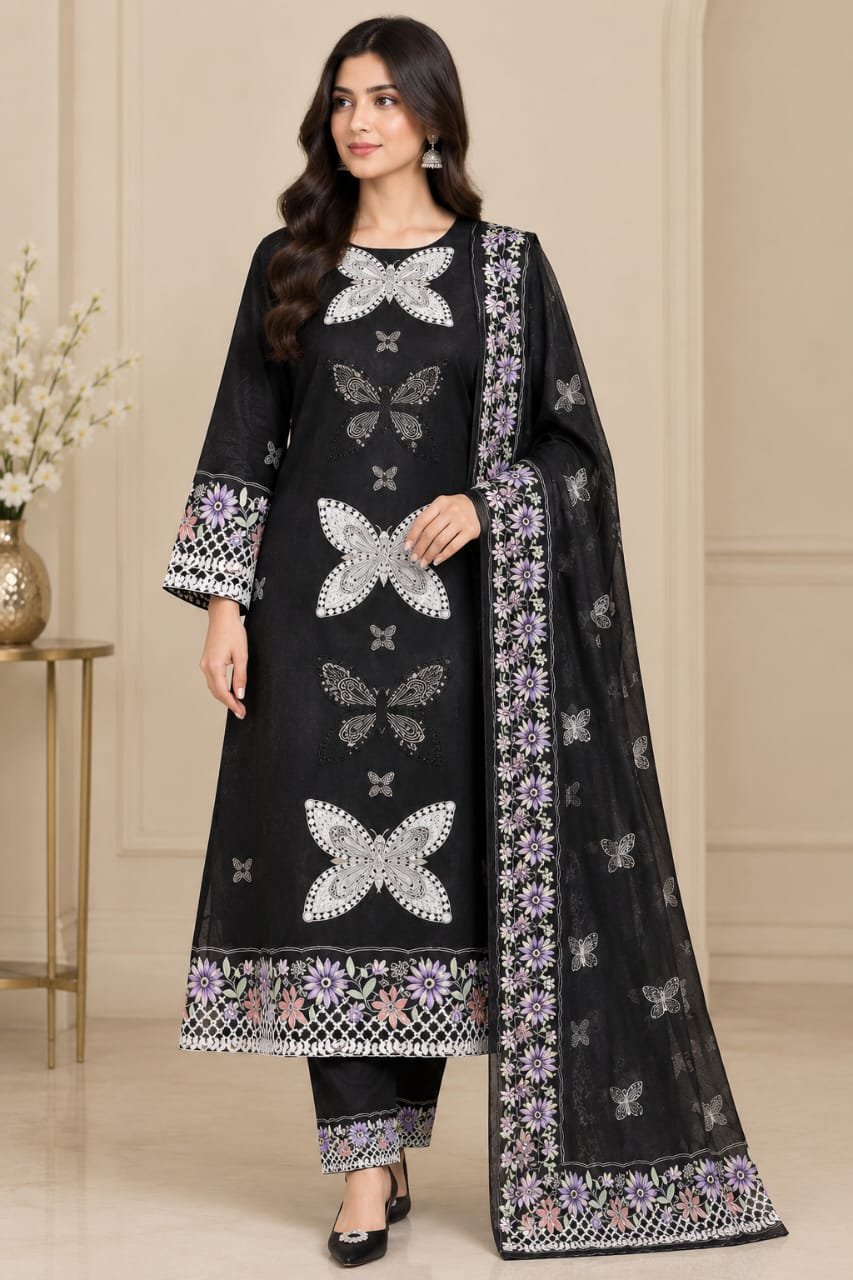 Trendy Butterfly Design - 3 Piece Stitched Suit