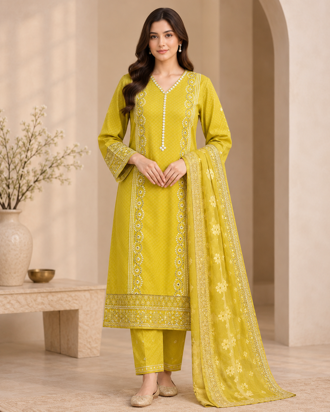 Lime Glow – Premium Embroidered 3-Piece Suit