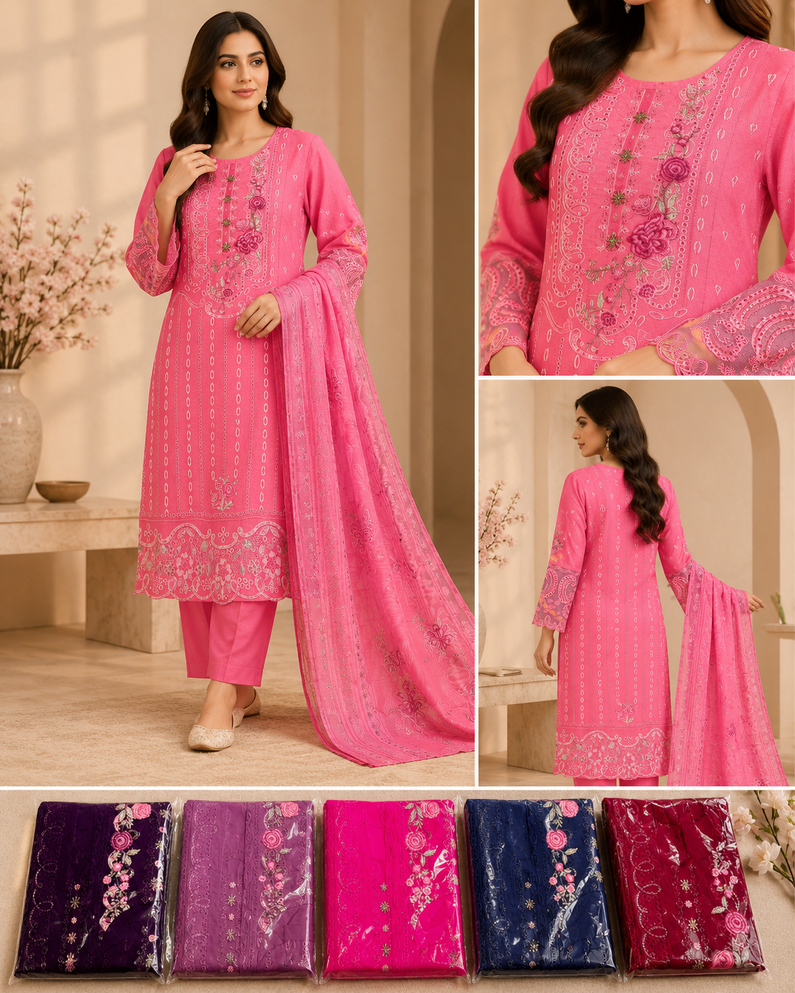 Pink Blossom – Premium Embroidered 3-Piece Suit